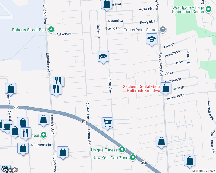 map of restaurants, bars, coffee shops, grocery stores, and more near 896 Grundy Avenue in Holbrook