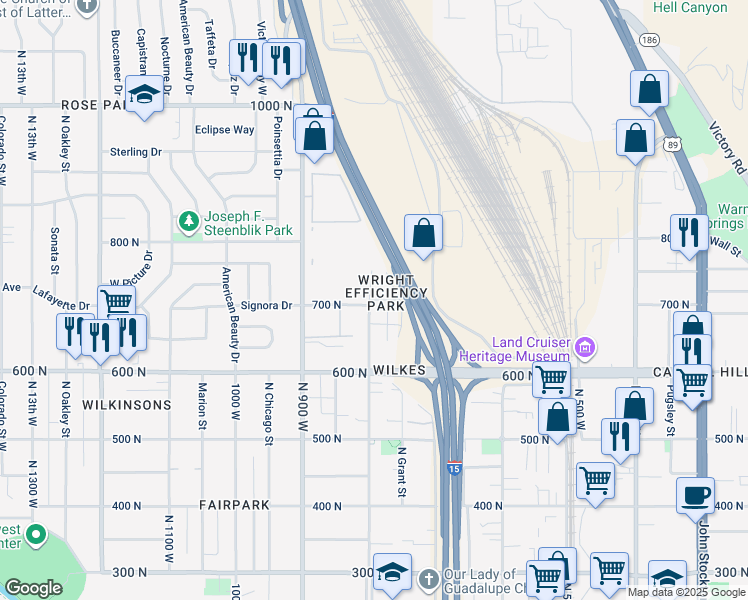 map of restaurants, bars, coffee shops, grocery stores, and more near West 715 North in Salt Lake City