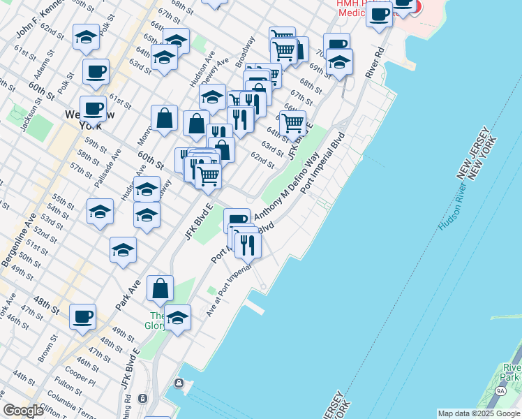 map of restaurants, bars, coffee shops, grocery stores, and more near 6050 JFK Boulevard East in West New York