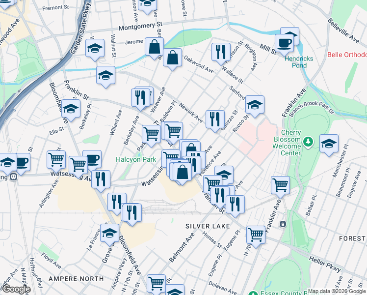 map of restaurants, bars, coffee shops, grocery stores, and more near 360 Watsessing Avenue in Bloomfield