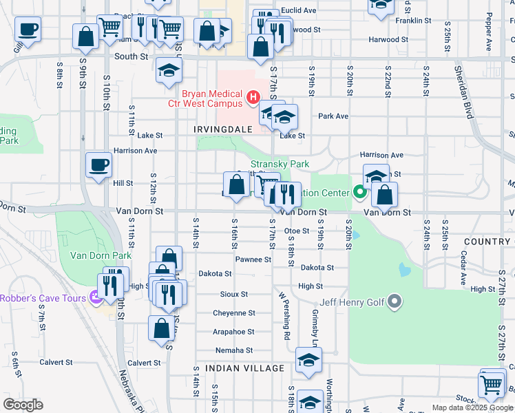 map of restaurants, bars, coffee shops, grocery stores, and more near 1675 Burr Street in Lincoln