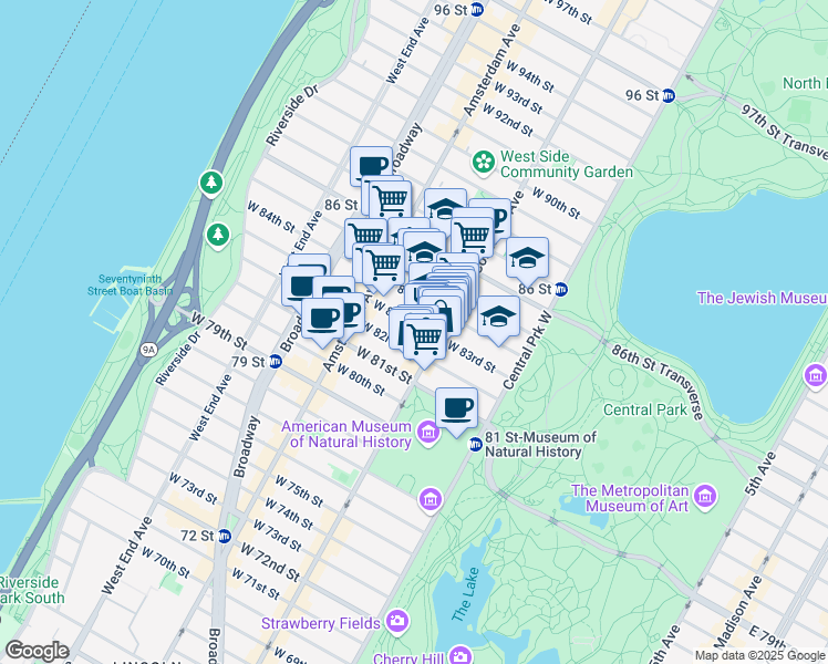 map of restaurants, bars, coffee shops, grocery stores, and more near 120 West 83rd Street in New York