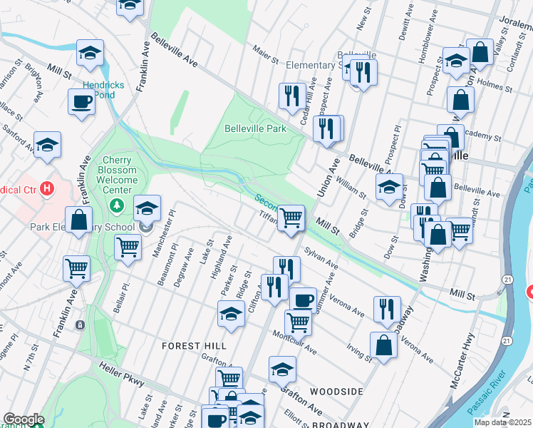 map of restaurants, bars, coffee shops, grocery stores, and more near 53 Tiffany Boulevard in Newark