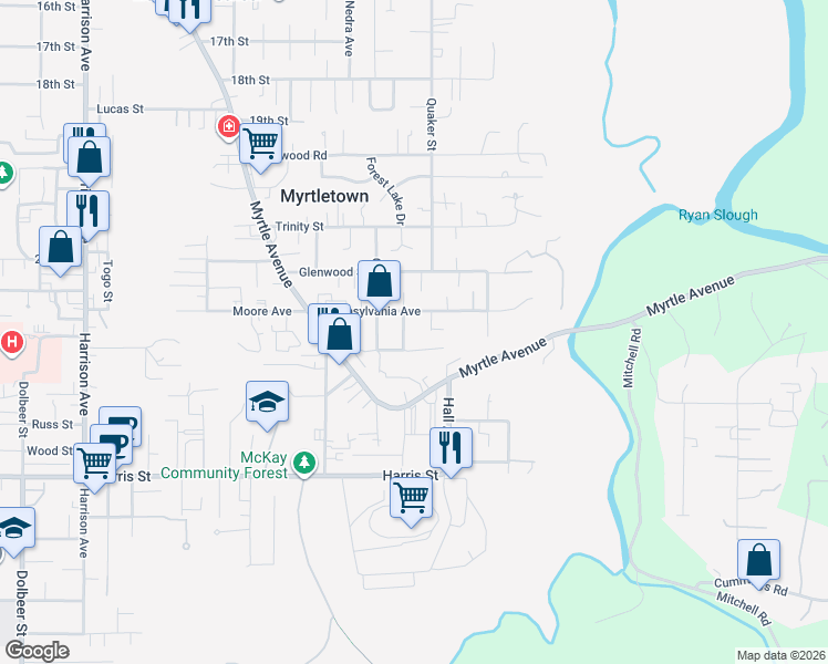 map of restaurants, bars, coffee shops, grocery stores, and more near 2420 Quaker St in Eureka