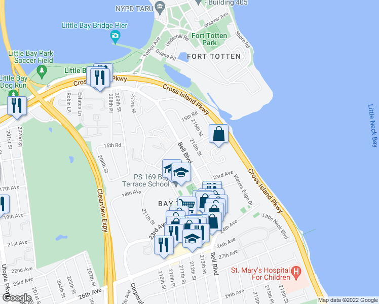 map of restaurants, bars, coffee shops, grocery stores, and more near 17-04 215th Street in Queens