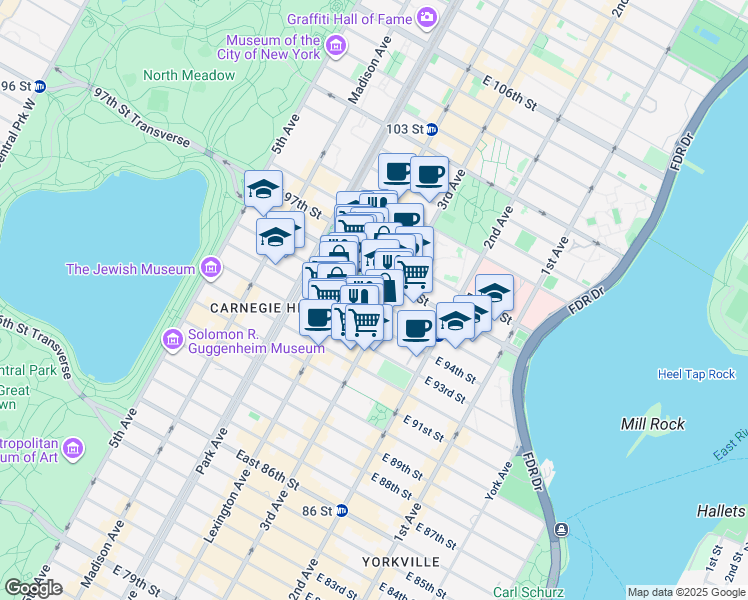 map of restaurants, bars, coffee shops, grocery stores, and more near 185 East 95th Street in New York