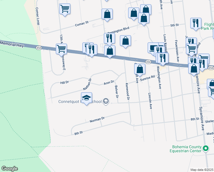 map of restaurants, bars, coffee shops, grocery stores, and more near 51 Aron Drive in Bohemia