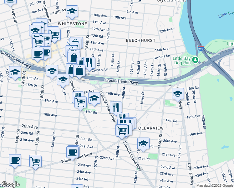 map of restaurants, bars, coffee shops, grocery stores, and more near 159-7 16th Avenue in Queens