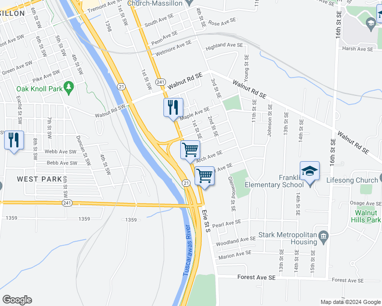 map of restaurants, bars, coffee shops, grocery stores, and more near 1014 Erie Street South in Massillon