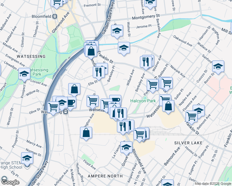 map of restaurants, bars, coffee shops, grocery stores, and more near 24 Berkeley Heights Park in Bloomfield
