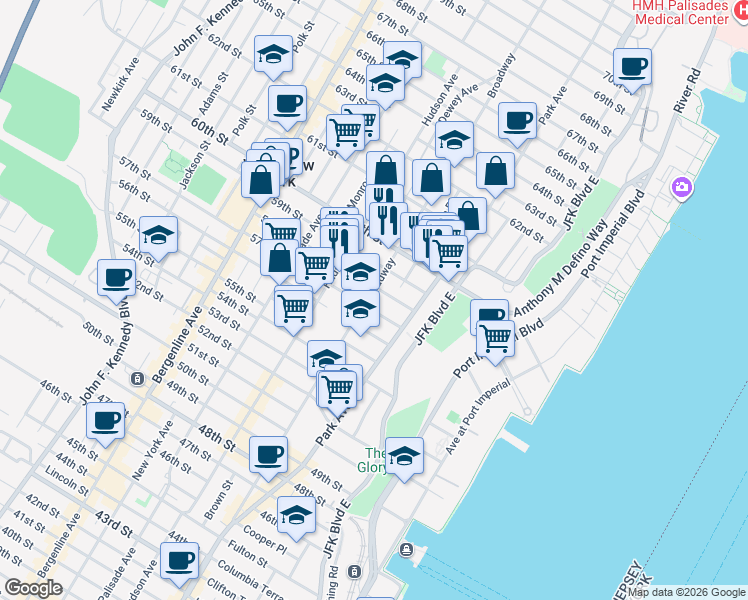 map of restaurants, bars, coffee shops, grocery stores, and more near 126 58th Street in West New York