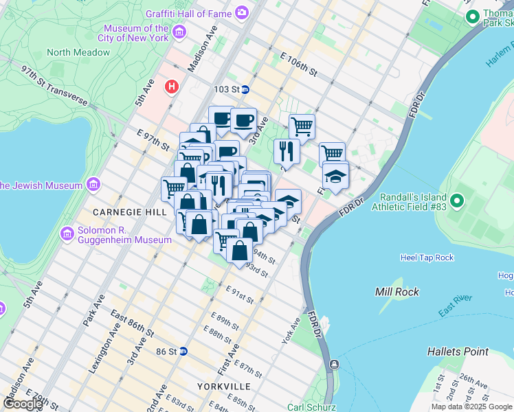 map of restaurants, bars, coffee shops, grocery stores, and more near 1873 2nd Ave in New York