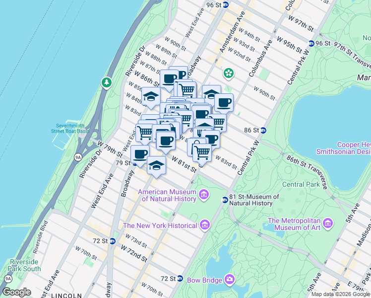 map of restaurants, bars, coffee shops, grocery stores, and more near 137 West 82nd Street in New York