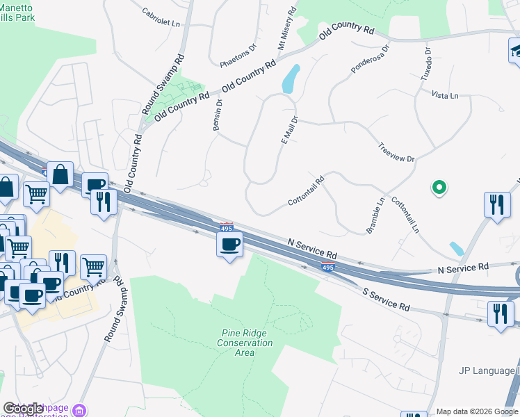 map of restaurants, bars, coffee shops, grocery stores, and more near 25 Cottontail Road in Melville