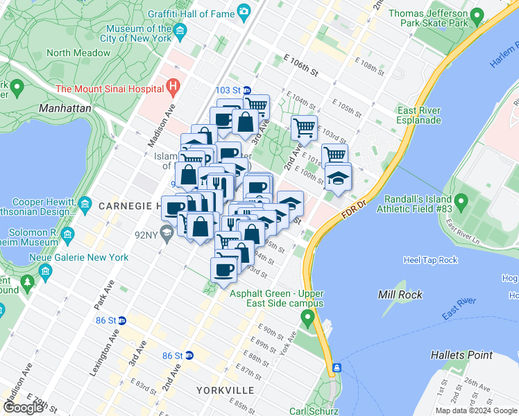 map of restaurants, bars, coffee shops, grocery stores, and more near 1873 2nd Avenue in New York