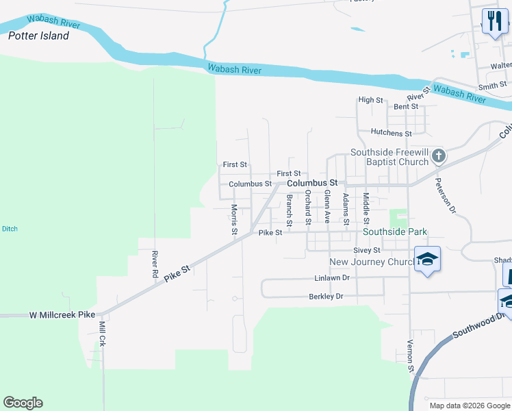 map of restaurants, bars, coffee shops, grocery stores, and more near 1463 Webster Street in Wabash