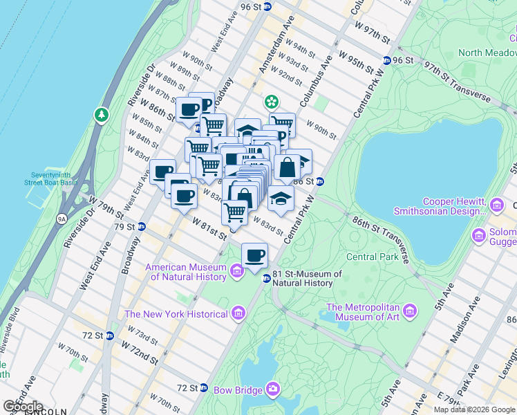 map of restaurants, bars, coffee shops, grocery stores, and more near 62 West 84th Street in New York
