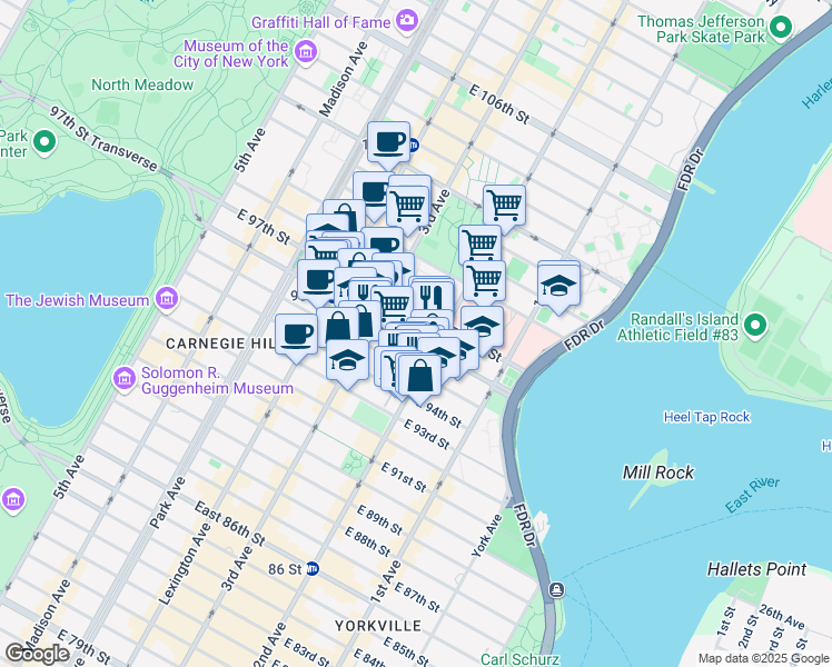 map of restaurants, bars, coffee shops, grocery stores, and more near 227 East 96th Street in New York