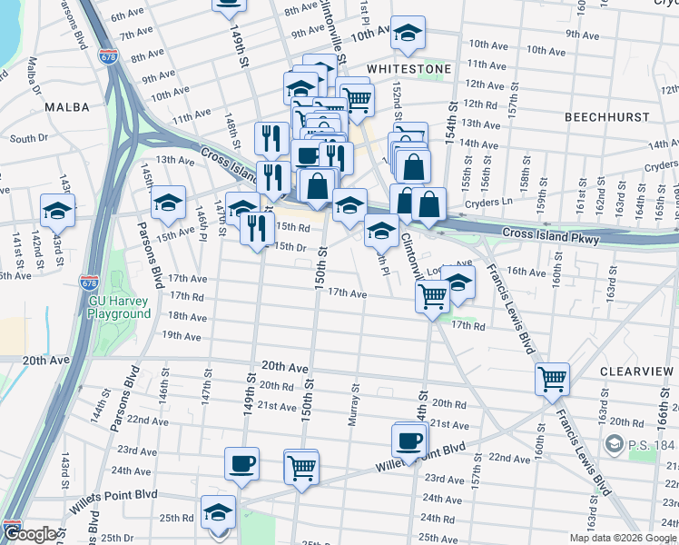 map of restaurants, bars, coffee shops, grocery stores, and more near 15-71 150th Street in Queens