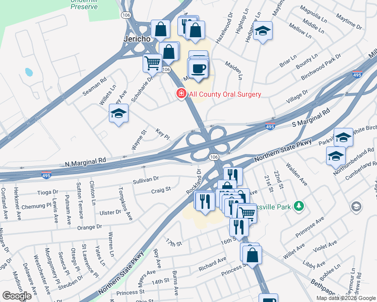 map of restaurants, bars, coffee shops, grocery stores, and more near in Jericho