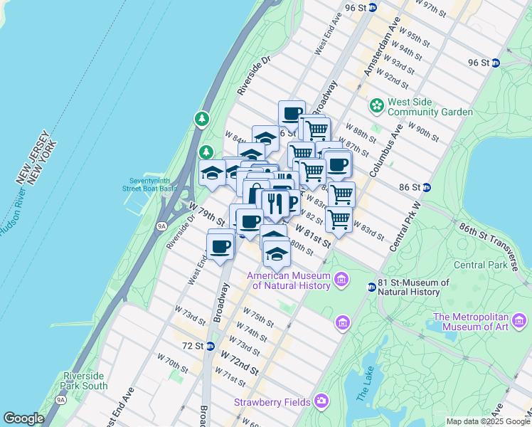 map of restaurants, bars, coffee shops, grocery stores, and more near 234 West 81st Street in New York