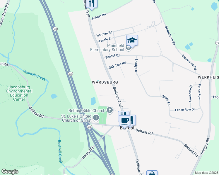 map of restaurants, bars, coffee shops, grocery stores, and more near 5952 Sullivan Trail in Nazareth