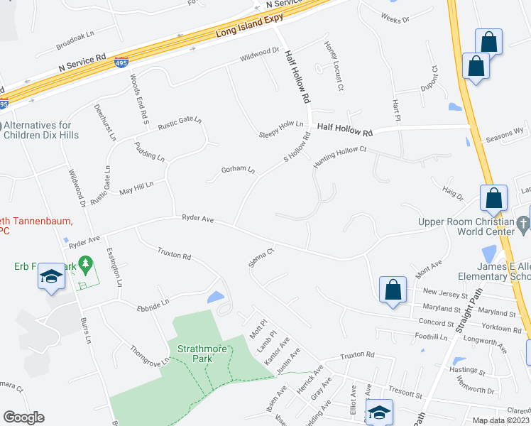 map of restaurants, bars, coffee shops, grocery stores, and more near 46 Hunting Hollow Court in Dix Hills