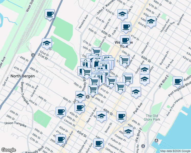 map of restaurants, bars, coffee shops, grocery stores, and more near 508 52nd Street in West New York
