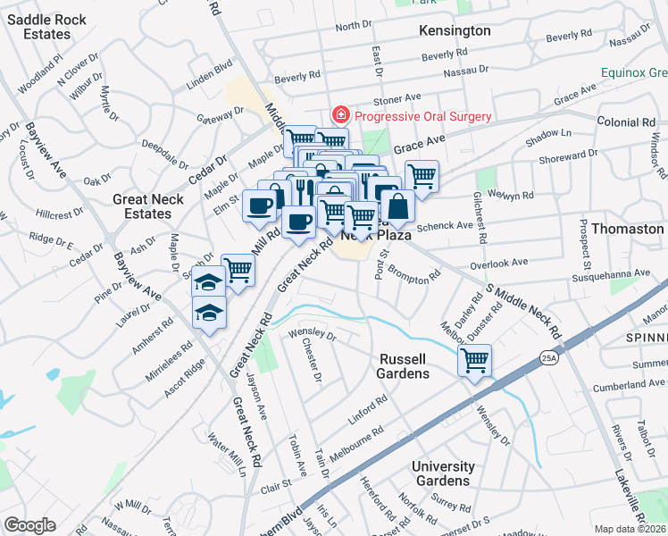 map of restaurants, bars, coffee shops, grocery stores, and more near 50 Brompton Road in Great Neck