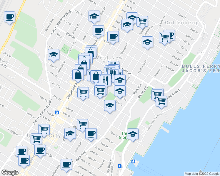 map of restaurants, bars, coffee shops, grocery stores, and more near 5607 Hudson Avenue in West New York