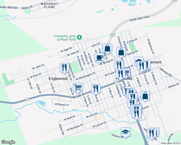 map of restaurants, bars, coffee shops, grocery stores, and more near 321 West Washington Street in Frackville
