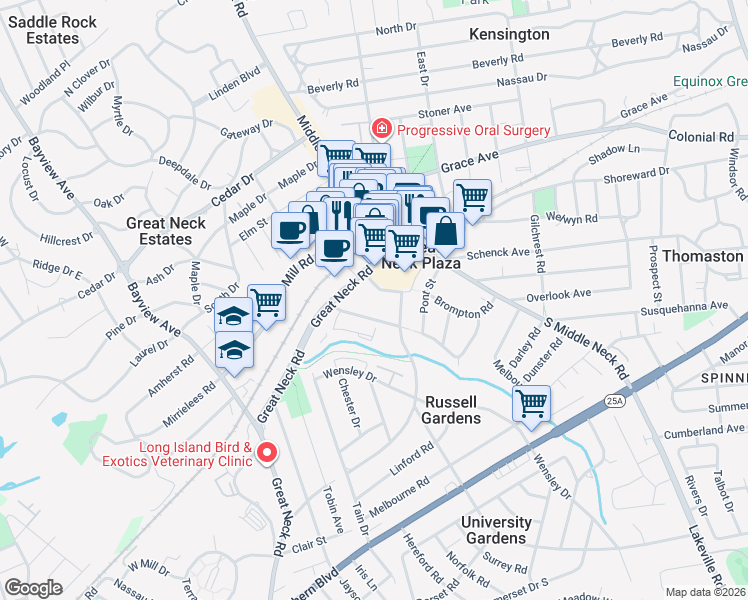 map of restaurants, bars, coffee shops, grocery stores, and more near 50 Brompton Road in Great Neck