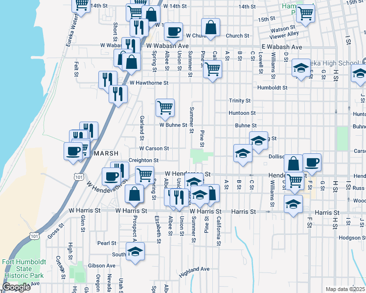 map of restaurants, bars, coffee shops, grocery stores, and more near 2511 Union Street in Eureka