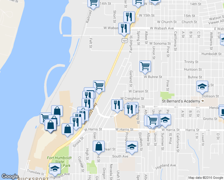 map of restaurants, bars, coffee shops, grocery stores, and more near 2533 Fairfield Street in Eureka