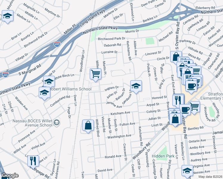 map of restaurants, bars, coffee shops, grocery stores, and more near 14 Ingram Drive in Hicksville