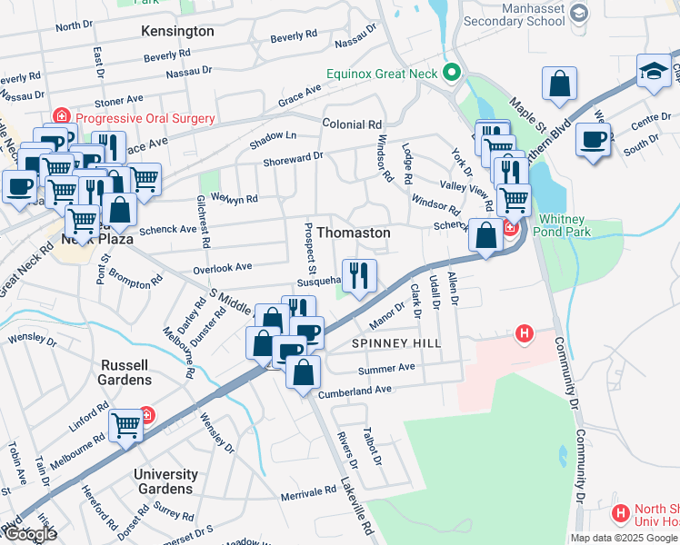 map of restaurants, bars, coffee shops, grocery stores, and more near 35 Spruce Street in Great Neck
