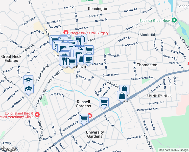 map of restaurants, bars, coffee shops, grocery stores, and more near in Great Neck Plaza