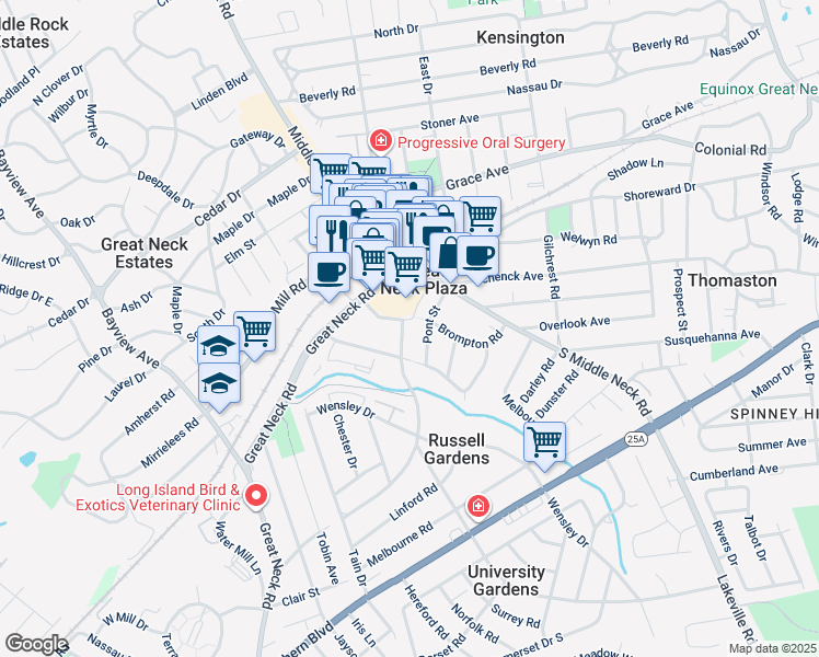 map of restaurants, bars, coffee shops, grocery stores, and more near in GREAT NCK PLZ