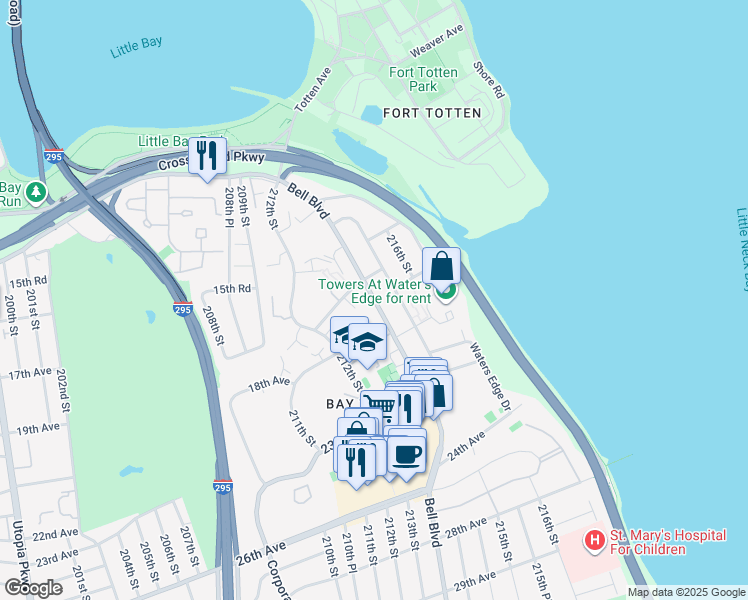 map of restaurants, bars, coffee shops, grocery stores, and more near 17-04 215th Street in Queens