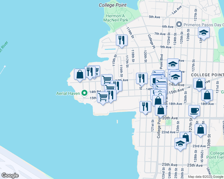 map of restaurants, bars, coffee shops, grocery stores, and more near 14-24 115th Street in Queens
