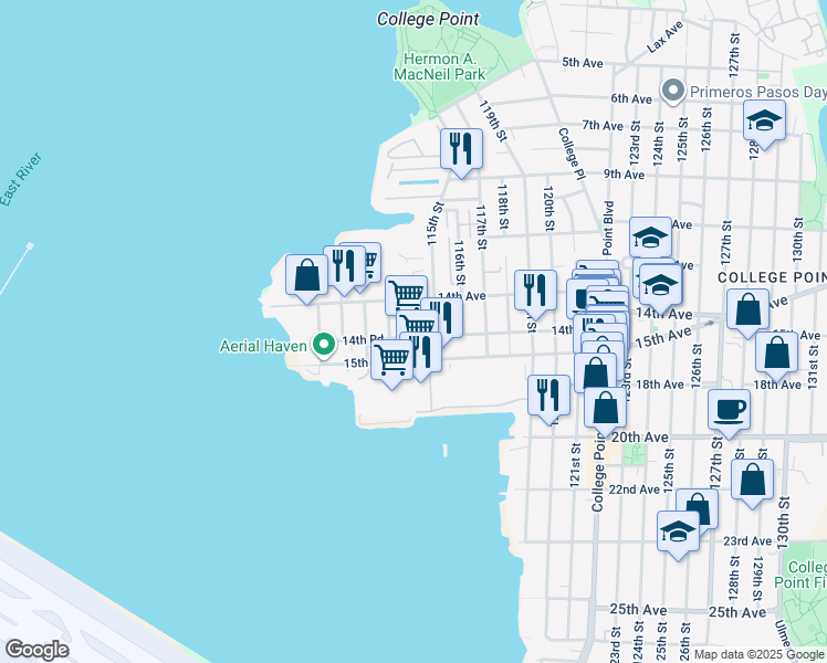 map of restaurants, bars, coffee shops, grocery stores, and more near 14-24 115th Street in Queens
