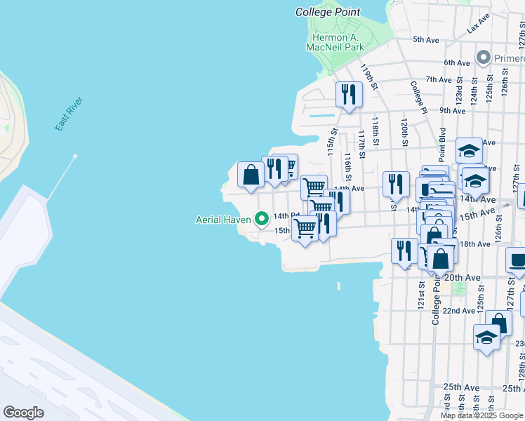map of restaurants, bars, coffee shops, grocery stores, and more near 14-17 110th Street in Queens