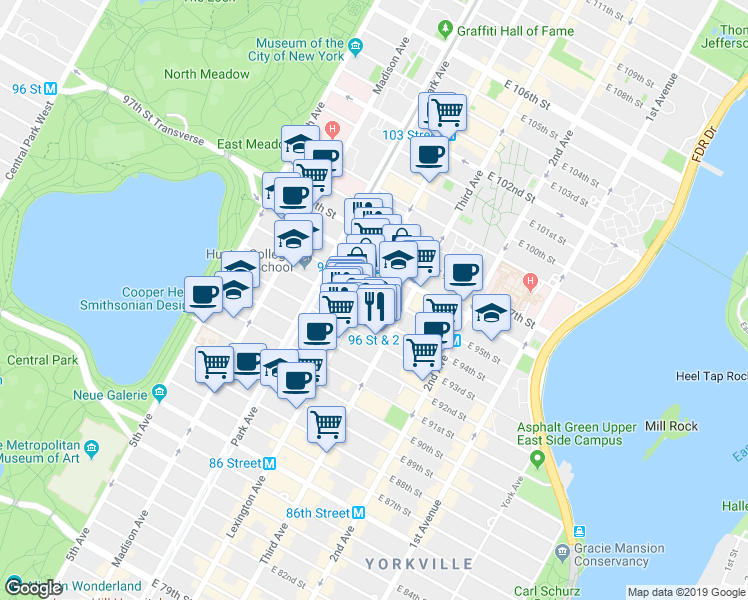 map of restaurants, bars, coffee shops, grocery stores, and more near in New York