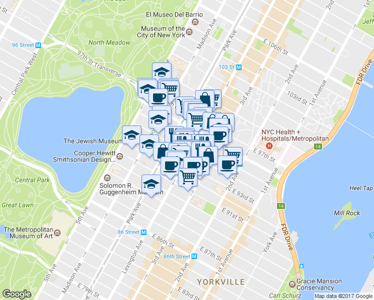 map of restaurants, bars, coffee shops, grocery stores, and more near in New York