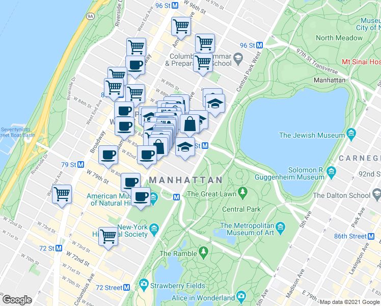 map of restaurants, bars, coffee shops, grocery stores, and more near 32 West 85th Street in New York