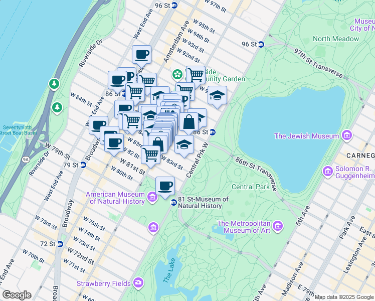 map of restaurants, bars, coffee shops, grocery stores, and more near 32 West 85th Street in New York