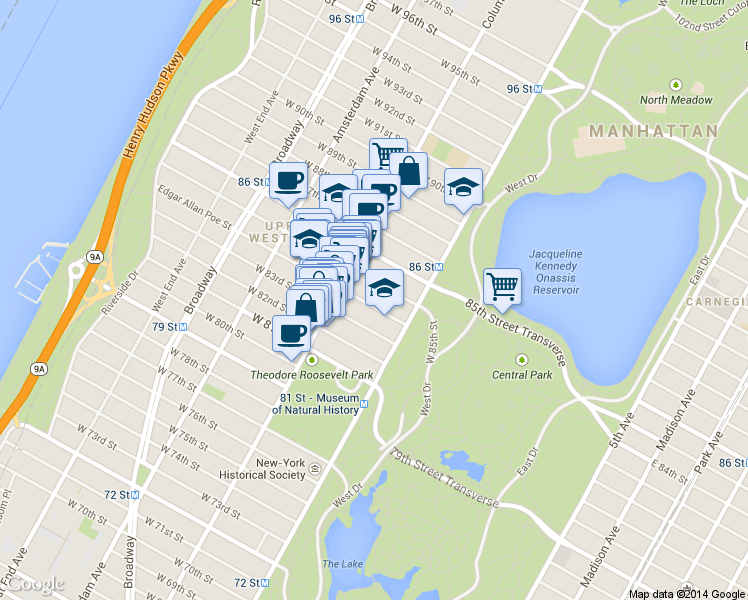 map of restaurants, bars, coffee shops, grocery stores, and more near 32 West 85th Street in New York