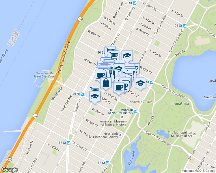 map of restaurants, bars, coffee shops, grocery stores, and more near 146 West 83rd Street in New York