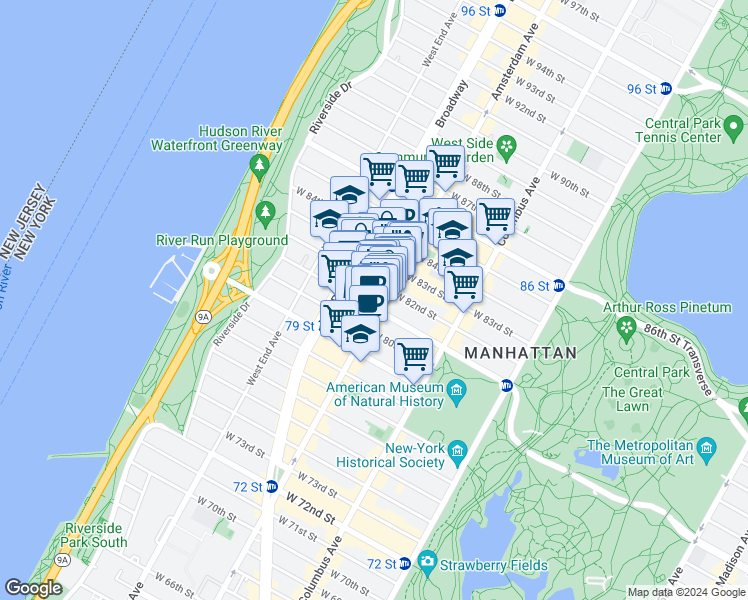 map of restaurants, bars, coffee shops, grocery stores, and more near 454 Amsterdam Avenue in New York