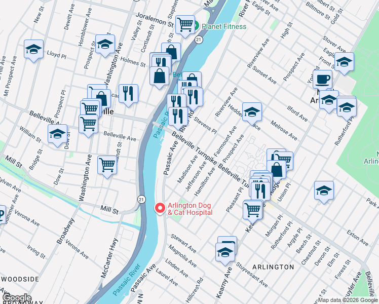 map of restaurants, bars, coffee shops, grocery stores, and more near 2 Webster Avenue in Kearny